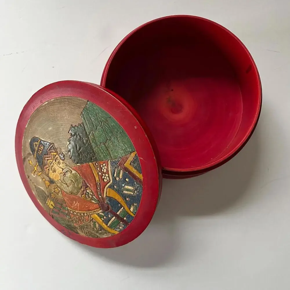 Vintage Red Painted Wooden Trinket Box with Carved Hand-Painted Portrait Lid